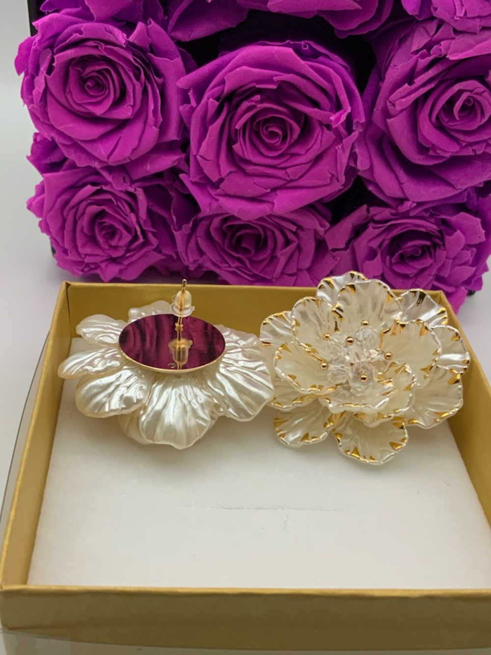 Ivory Floral Resin Statement Earrings with Gold Trim